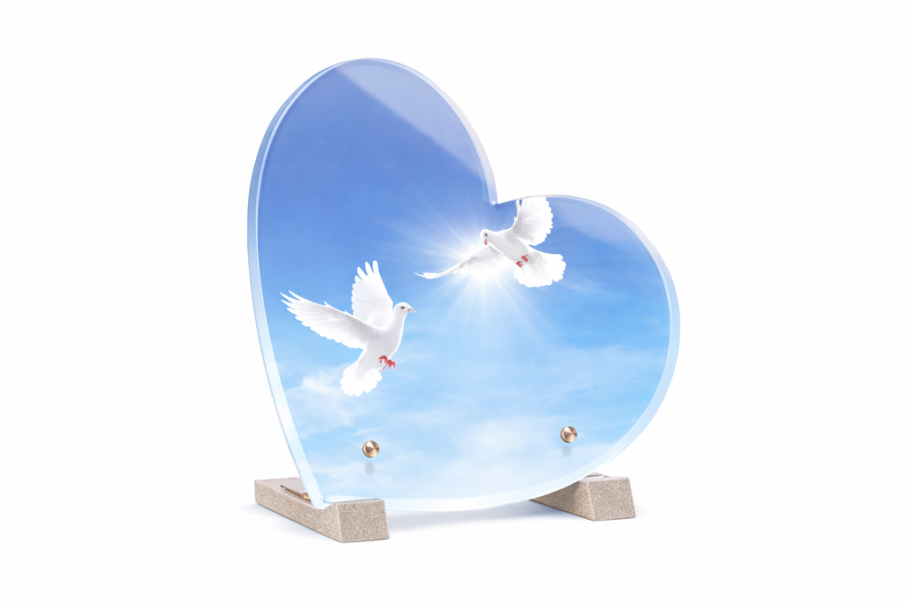 Plaque funéraire plexiglass coeur Colombe