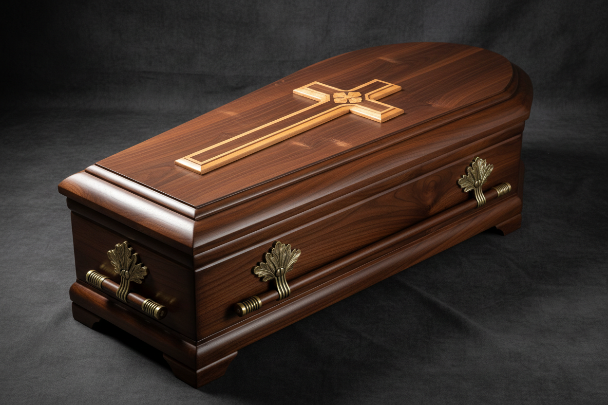 cercueil en bois avec un ornement en bois en forme de croix