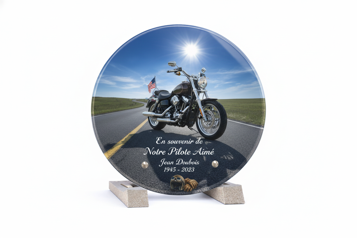 Plaque funéraire plexiglass rond moto