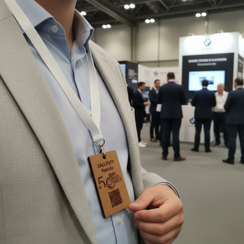 Badge en bois personnalisé avec QR code – Tour de cou inclus | Idéal salons, événements & conférences